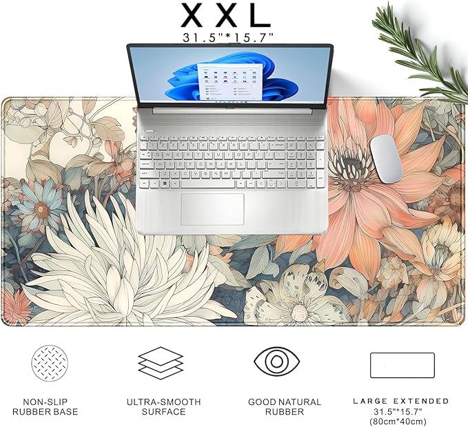 Japanese Floral Desk Mat Boho Aesthetic Flower Desk Matt for Desktop Large XXL Gaming Mouse Pad Extended Deskpad Laptop Keyboard Computer Mat Office Decor for Women 31.5 X 15.7
