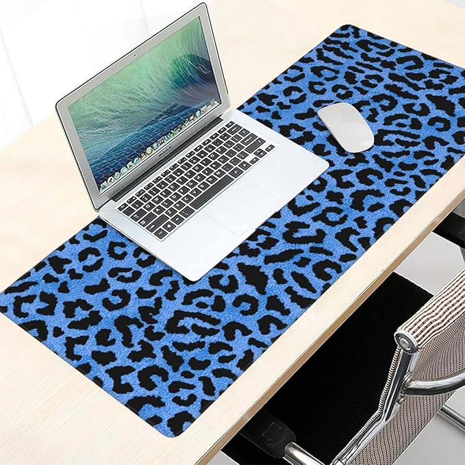 Blue Leopard Skin Print Mouse Pads XXL Extended Mousepad with Stitched Edges Non-Slip Rubber Base Computer Keyboard Pad Desk Mat for Home Office Desk Decor, 35.4" X 15.7"