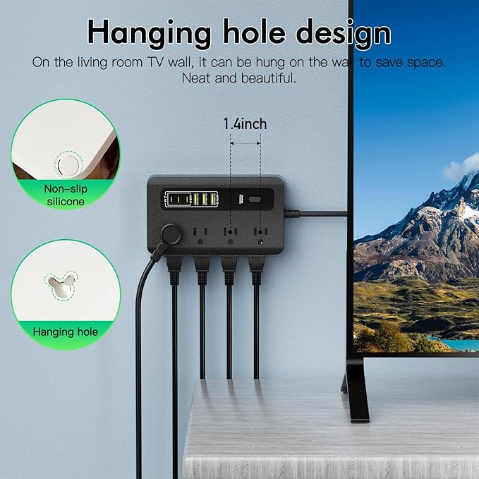 Power Strip with USB, HITRENDS 6 Ft Surge Protector Flat Plug Extension Cord with 8 Outlets 3 USB Ports & 3 Type-C Port (5V/3A), Outlet Extender for Home Office,Black