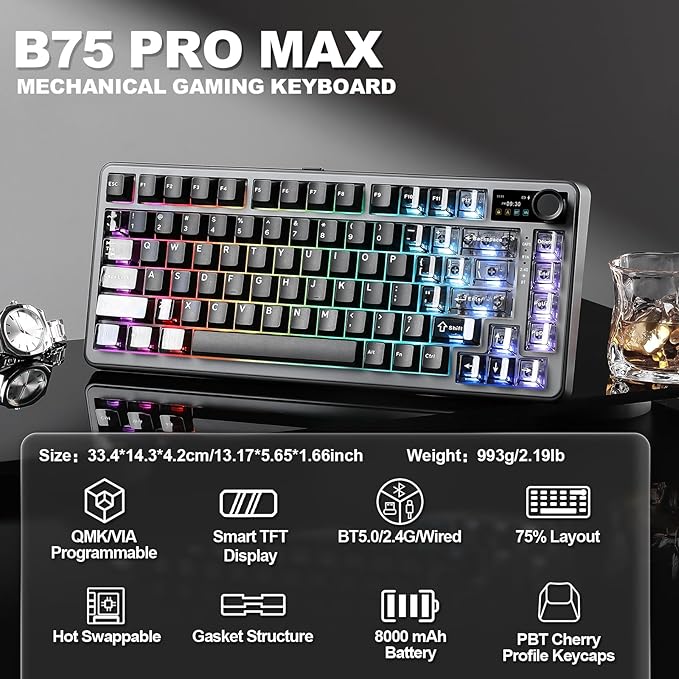 YUNZII B75 PRO MAX QMK/VIA Wireless Mechanical Keyboard,75% Layout with Screen and Knob,Custom Hot Swap Gasket, Creamy Pre-lubed Switches,Bluetooth/Type-C/2.4G for Win/Mac (Black,Candy Switch)