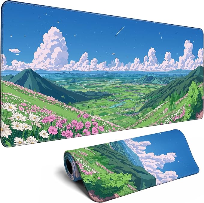 Desk Pad Gaming Mouse Pad Large for Desk Computer Pc Laptop Office Decor,Blue Sky Flowers and Plants Anime Keyboard Pad Stitched Edges Non-Slip Rubber Mat (31.5x11.8 in)