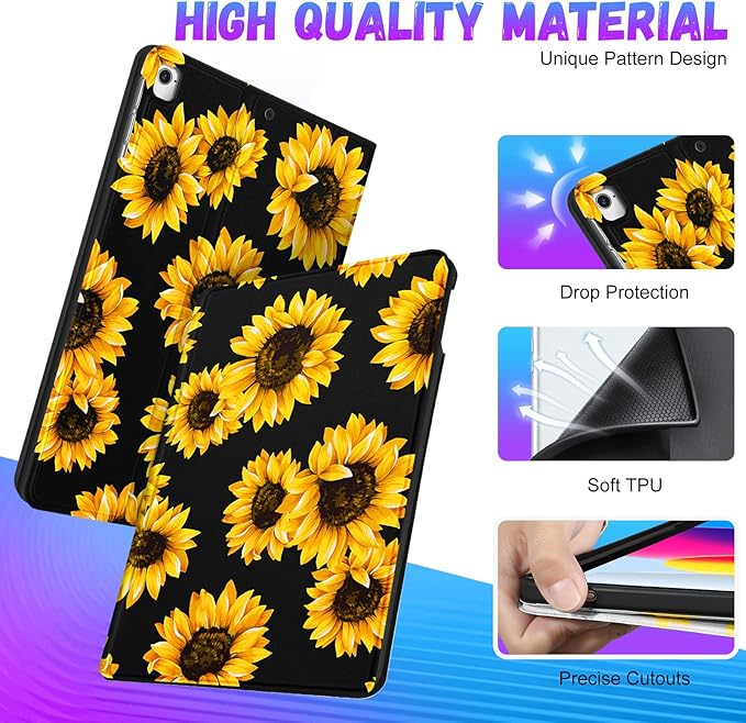 Uppuppy for Apple iPad Air 1st/2nd Gen,for iPad Pro 9.7''Case CuteWomen Girls Teens Girly Folio Sunflower Flowers Design Cover for iPad 5/6,Air 1/2,Pro 9.7,4-for iPad 9.7-Black Sunflower