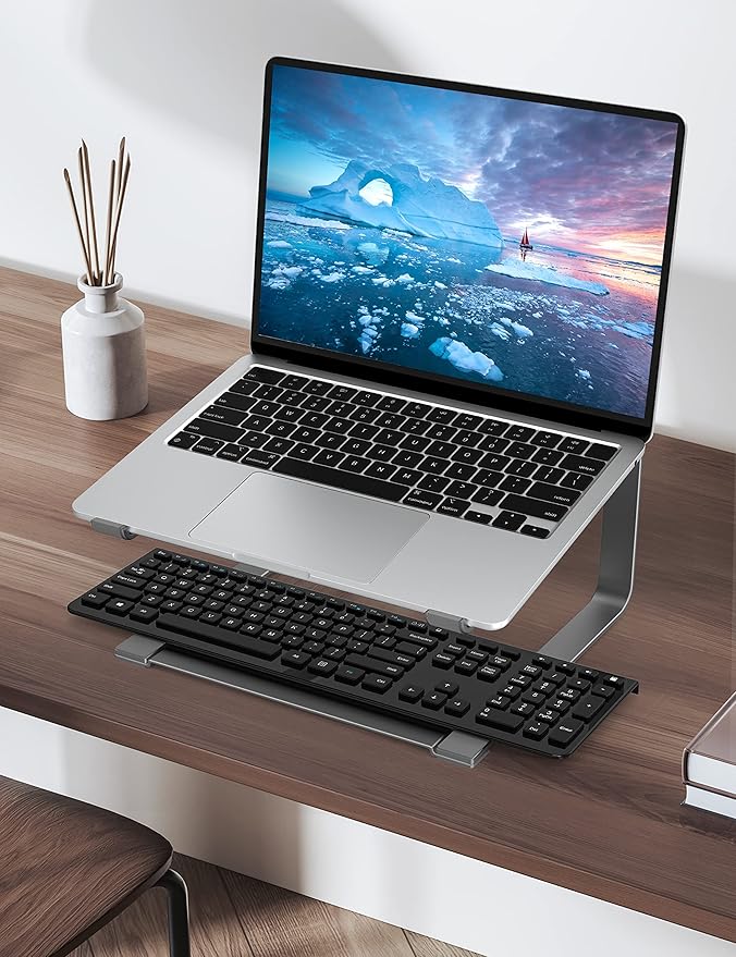 SOUNDANCE Laptop Stand for Desk, Ergonomic Metal Computer Riser for 12-17.3 Inch Laptops, Heavy Duty Stable Desktop Holder, Improves Eye Level & Workspace Organization, Grey