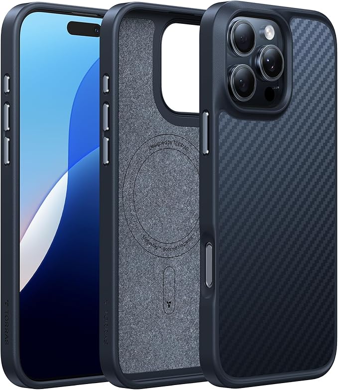 TORRAS Upgraded for iPhone 16 Pro Case Aramid Fiber Back/Black Edge | Compatible with MagSafe, Military Grade Drop Protection, Stronger Magnetic, Shockproof Airbag, Color Button, Slim Anti-Scratch | Upgraded, Stronger Magnetic, Shockproof, Slim