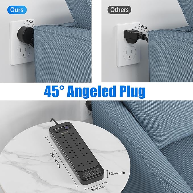HITRENDS 12-Outlet Surge Protector Power Strip with 2 USB A + 2 USB C, 6FT Flat Plug Extension Cord, Dual Switches, Wide Spacing, 1250W/10A Multi Plug Outlet for Home Office Dormitory, Black