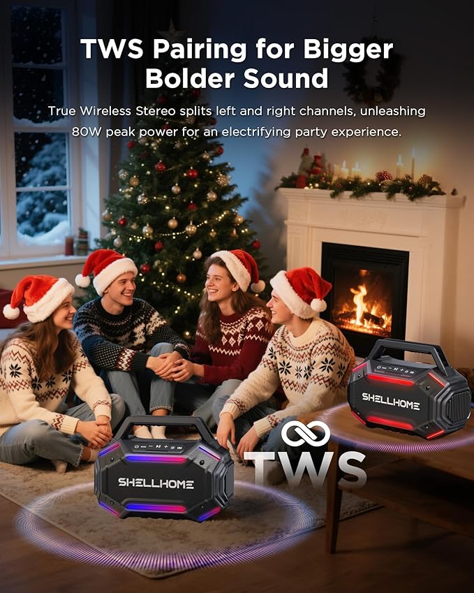 ShellHome Bluetooth 6.0 Speakers Outdoor, 80W(Peak) Loud Speaker with Bass, 30H Playtime, IPX6 Waterproof, RGB Lights, BassUp 2.0, TWS, Portable Large Jobsite Speakers for Party, Garage