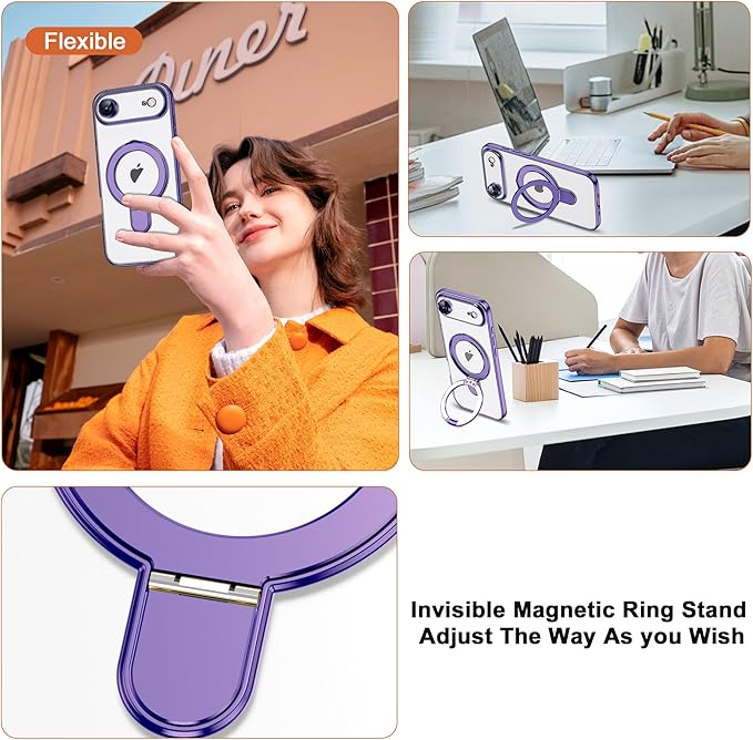 Compatible with iPhone 17 Air Case with Invisible Magnetic Ring Stand [Compatible with Mag-Safe] [Full Camera Lens Protector] Plating Clear Phone Case for iPhone 17 Air 6.5", Purple