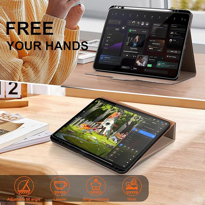 for iPad Pro 13 inch Case (M4) 2024 Release, Premium Leather Folio Cover with Auto Wake/Sleep, Apple Pencil Holder, Multi-Angle Stand & Secure Buckle Closure - Brown