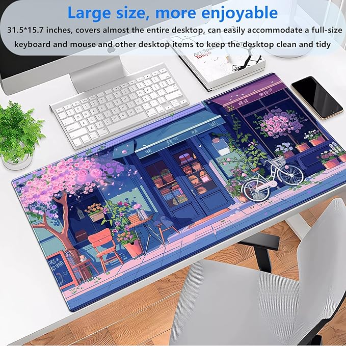 Kawaii Anime Desk Mat, Large 31.5x15.7 Inch Gaming Mouse Pad, Pink Cherry Blossom Japanese Aesthetic Keyboard Pad, Warm & Cute Desktop Mat for PC Gamers