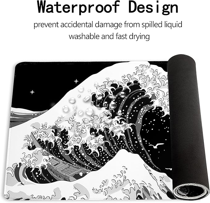 MEWOOCUE® Gaming Mouse Pad for Desk,Large Sea Wave Mousepad Laptop,Black White Japanese Anime Mouse Mat,Long XXL Waterproof Keyboard Pads,Big Non-Slip Mouse Pads for Game Office Home（35.4 x 15.7 in）
