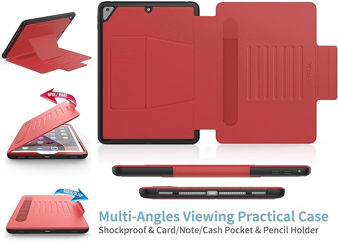 SEYMAC stock Case for iPad 6th/5th Generation/Air 2/Pro 9.7'', Strong Magnetic Auto Sleep Shockproof Case with Absorbing Multi-Angles Stand, Pen Holder, Card Slot (Red)