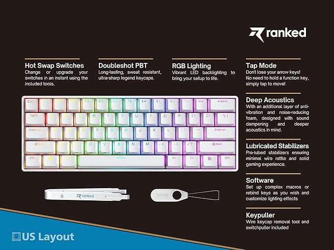 Ranked S60 Supernova 60% Form Factor | Hot Swappable Mechanical Gaming Keyboard | 61 Keys Multi Color RGB LED Backlit for PC/Mac Gamer (White, Gateron Optical Brown)