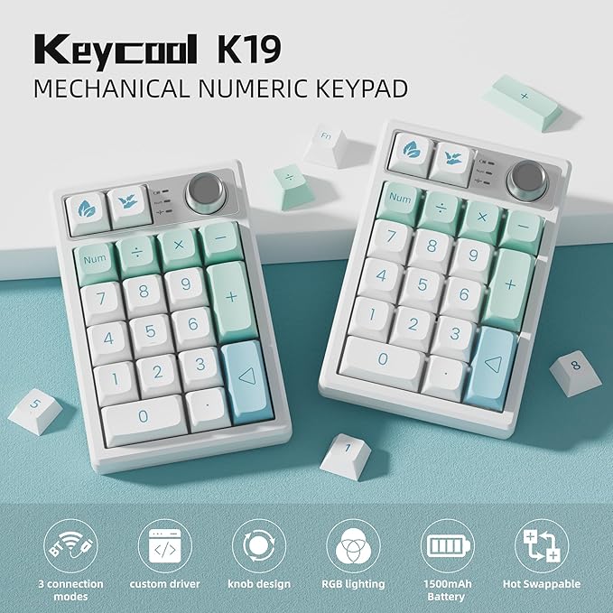 Mechanical Numpad Gasket Mounted with Creamy Sound, Bluetooth/2.4G/USB-C, Programmable Macro Numeric Keypad Rechargeable Number Pad Hot Swappable RGB Backlit Metal Knob for Win/Mac, Mint