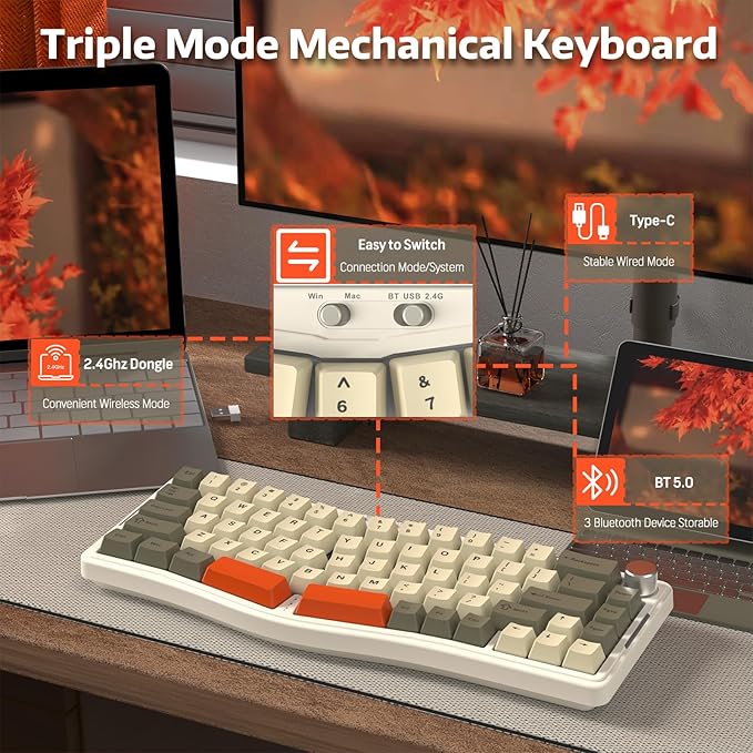 ATTACK SHARK AKS068PRO Wireless Mechanical Gaming Keyboard 65% Alice Layout Hot-swap Gasket with Wired/BT5.1/2.4Ghz RGB Backlit VIA Programmable Knob 3000mAh Battery Sea Salt Switch for Win/Mac(Gray)