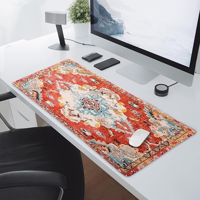 Vintage Rug Mouse Pad XXL Red Orange Retro Carpet Aesthetic Extended Table Mat 90X40 cm Non-Slip Rubber Base Stitched Edge Large Mousepad for Gaming Laptop Computer Desk Top 35.4×15.7 Inch