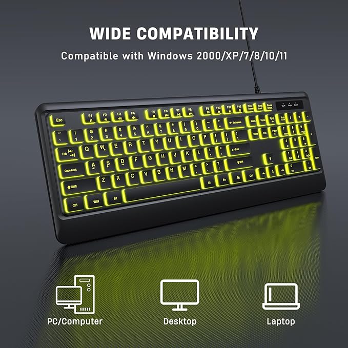 Luzarriba Backlit Computer Keyboards, Wired USB LED Keyboard with 7 Colors Backlight, Plug and Play, Waterproof, Full Size Quiet Computer Keyboard for Windows Desktop, PC, Laptop, Gaming