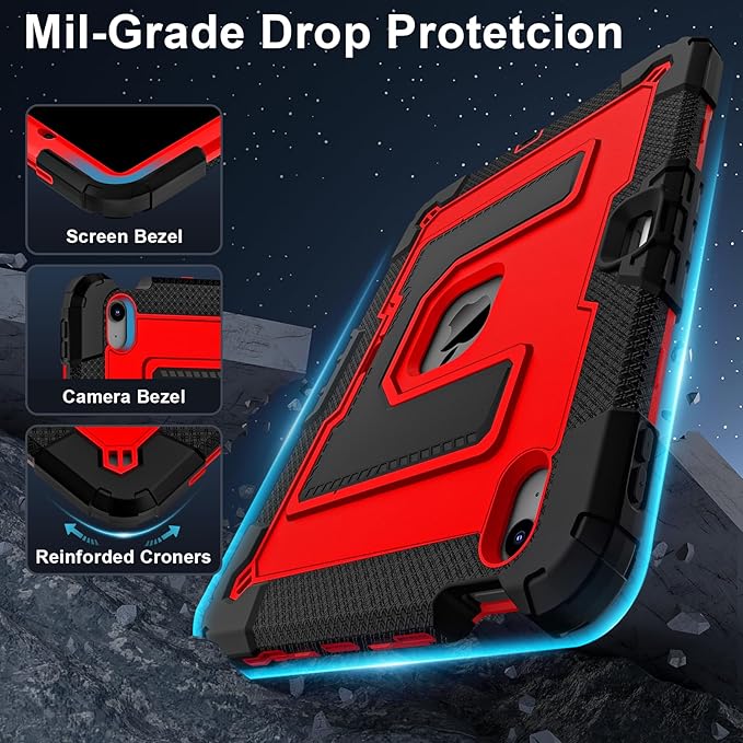 Kids Friendly Case for iPad Air 11 Inch M4 M3 M2 2026/2025/2024 Case with Pencil Holder & Shoulder Strap, Military Grade Shockproof Kickstand Hard Shell Protective Cover,Black+Red