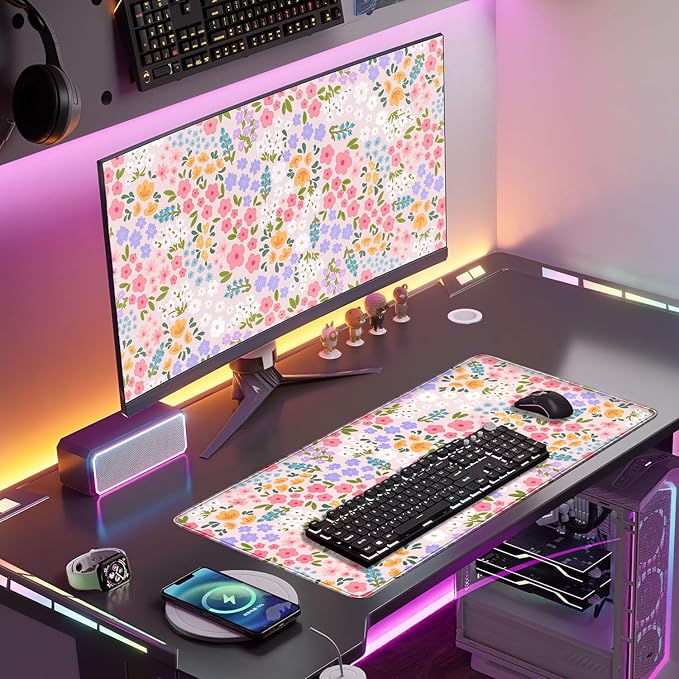 Pink Floral Mouse Pad XXL Large Desk Mat Computer PC Laptop Protector Gaming Mouse Pads Aesthetic Desk Decor for Women Girl