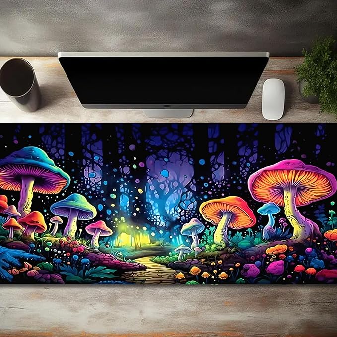 Gaming Mouse Pad, Blacklight Waterproof Large Non-Slip Rubber Base Mouse Mat, Glow in The Dark Desk Pad, 31.5 x 11.8 inches, Mushroom