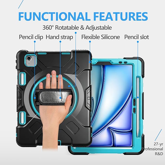 Case for iPad Air 11 M4 2026/ M3 2025/ M2 2024: Silicone Cover for iPad Air 5th & 4th Generation 10.9 Inch (2020/2022) with Screen Protector- Stand- Handle- Shoulder Strap- Pencil Holder