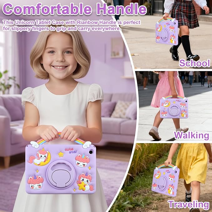 HianDier for Samsung Galaxy Tab A9 Plus Case Kids Girls Cute Unicorn for Galaxy A9+ Plus Tablet Case with Rainbow Handle and Detachable Lanyard Rotatable Kickstand Shockproof Protective Case-Purple