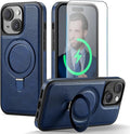 for iPhone 14 Plus Case with Stand Compatible with Magsafe Slim PU Leather & Durable TPU Drop Proof Magnetic Kickstand Protective Cover with Tempered Glass Screen Protector 6.7", Blue