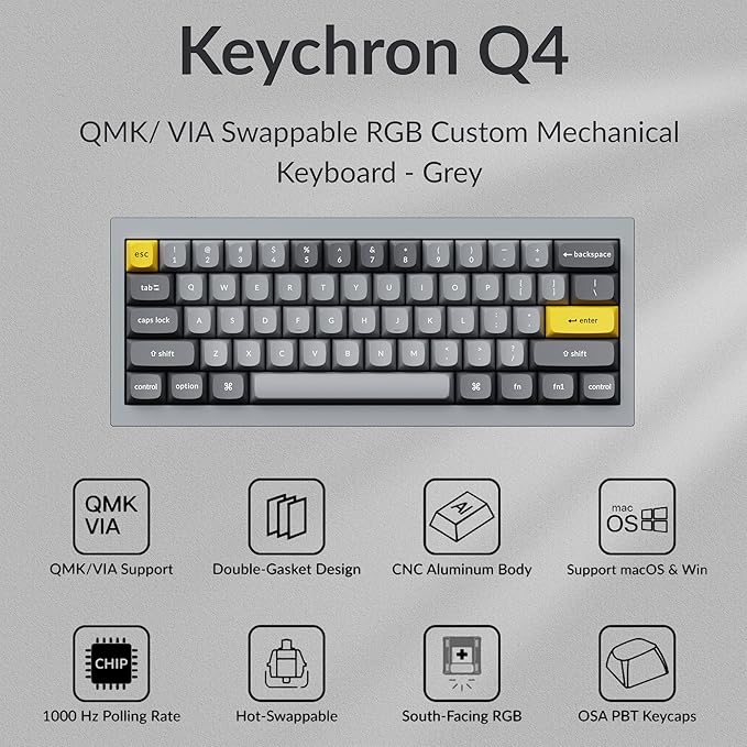 Keychron Q4 Wired Custom Mechanical Keyboard, 60% Layout QMK/VIA Programmable Macro with Hot-swappable Gateron G Pro Blue Switch Double Gasket Compatible with Mac Windows Linux (Gray)