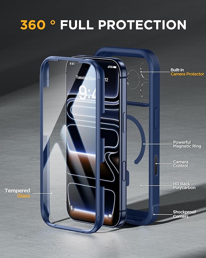 Miracase Magnetic for iPhone 17 Pro Case 6.3" [Compatible with MagSafe] Full-Body Phone Case with Built-in Glass Screen Protector & Camera Control,Drop Proof iPhone 17 Pro Cover, Dark Blue