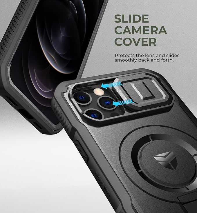 Dexnor for iPhone 12 & iPhone 12 Pro Case with Slide Camera Cover & Adjustable Kickstand & Built-in Screen Protector,Magsafe Rugged Shockproof Bumper Cases Heavy-Duty Magnetic Protective Cover,Black