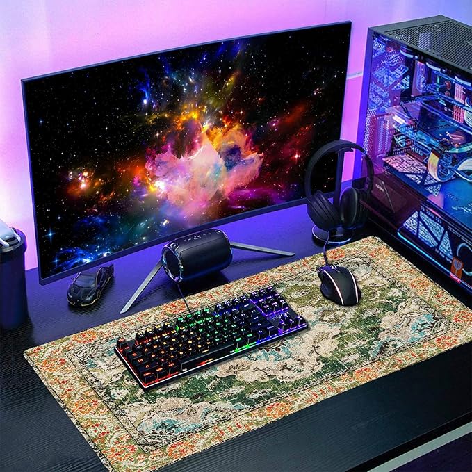 Vintage Rug Mouse Pad XXL Green Orange Retro Carpet Aesthetic Extended Table Mat 90X40 cm Non-Slip Rubber Base Stitched Edge Large Mousepad for Gaming Laptop Computer Desk Top 35.4×15.7 Inch