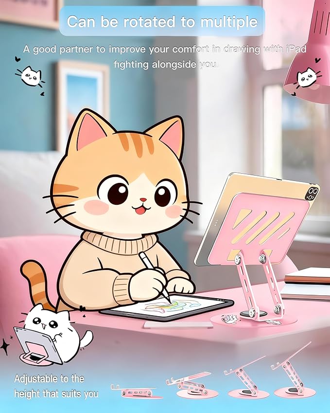 Upgraded 360°Rotating Tablet Stand with Foldable Base - Cute Cat Pattern,Universal for 7-13" Devices (iPad,iPhone,Tablet,Phone) - Ideal for Desk Work,Office,Travel,Home & Painting