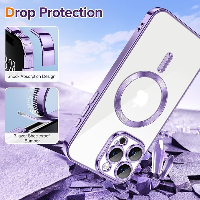 Hython Magnetic Clear for iPhone 16 Pro Case with Camera Lens Protector [Compatible with MagSafe] Luxury Plating Edge Slim Soft TPU Cover Protective Phone Case for iPhone 16 Pro 6.3", Light Purple