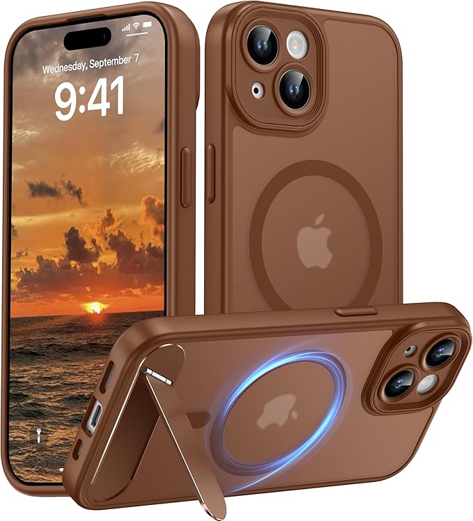 Magnetic Compatible with iPhone 15 Case, [Built-in Invisible Kickstand][Compatible with MagSafe][Full Camera Protection] Translucent Matte Phone Case for iPhone 15 6.1" Brown