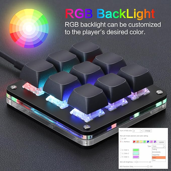 Koolertron Macro Programmable Keypad, One Handed Programmable Mechanical Keyboard, RGB Blue Switch Hot Swappable, 9 Keys Backlit Keypad for Working and Gaming, Black