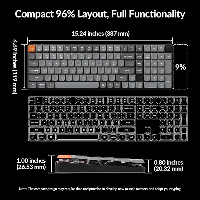 Keychron K17 Max 96% Layout QMK/Launcher Ultra-Slim Wireless/Type-C Wired Mechanical Keyboard with White LED Backlit, Low-Profile Gateron Mechanical Brown Switch Compatible with Mac Windows Linux