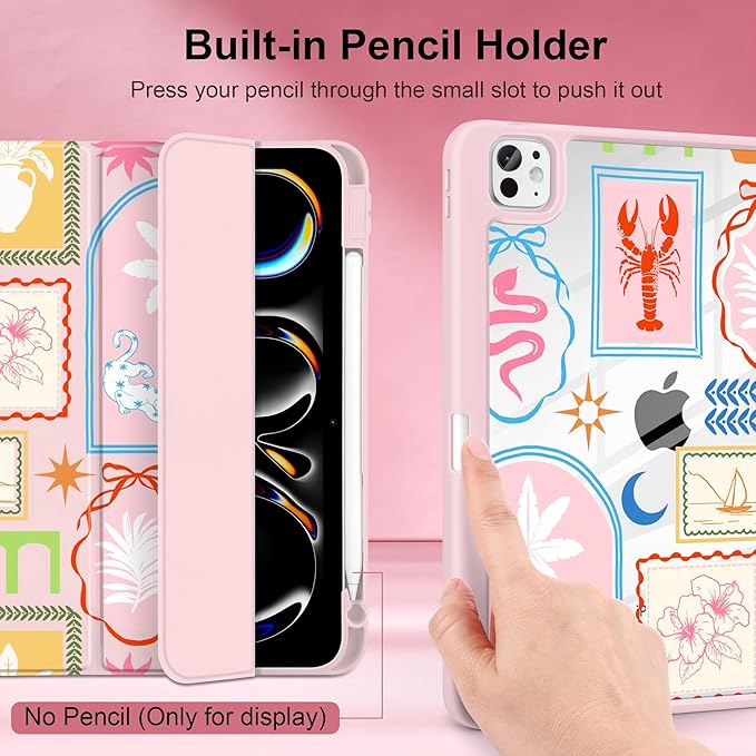Case for iPad Pro 13 inch (M5) 2025 (M4) 2024 Release Slim Lightweight Cute Light Pink Cover with Clear Back TPU Edge Pencil Holder Trifold Stand, Creative Collage