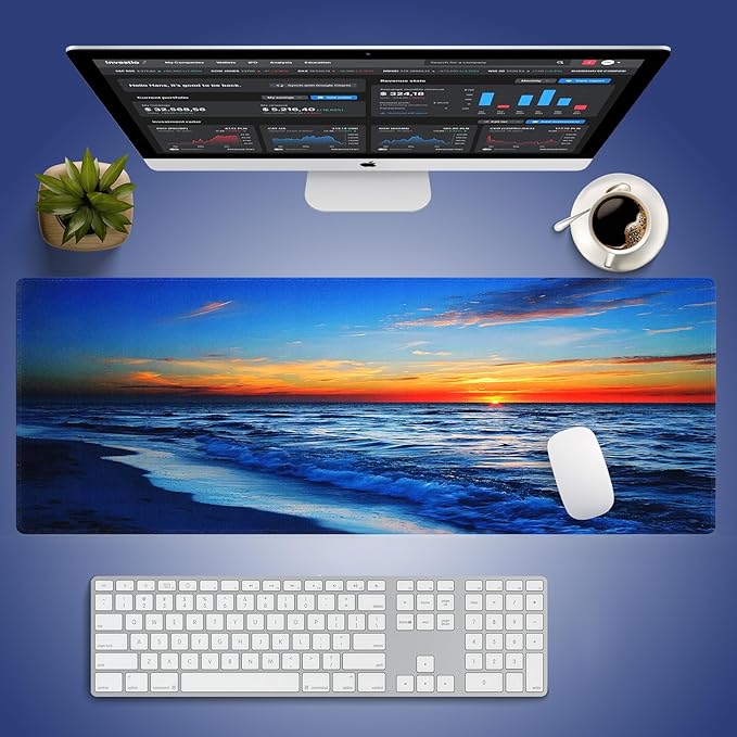 Extra Large Gaming & Office Mouse Pad (31.5" x 11.8") with Durable Stitched Edges – Sunset Glow Over The Blue Ocean Wave Scene, Anti-Slip Base & Smooth Fabric Surface Extended XXL Desk Mat