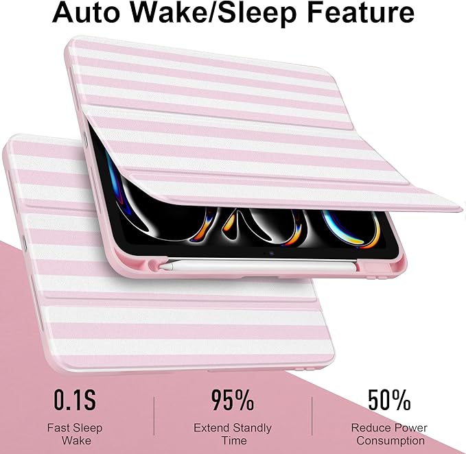 Case for iPad Pro 11 inch (M5) 2025 (M4) 2024 Release with Pencil Holder -Cute Pink White Striped Trifold Cover with Clear Back Auto Sleep/Wake, Aesthetic Soft Protective Skin for Girls Women