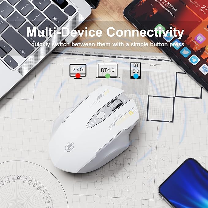 Uineer Wireless Bluetooth Mouse,[Upgraded] Rechargeable Computer Mice (BT 5.0/4.0+2.4G Hz) with Visible Battery Level, 4 Adiustable DPl, Portable PC Mouse for MacBook Chromebook