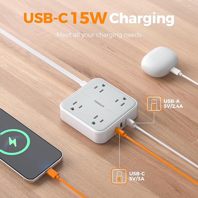 TESSAN Surge Protector Flat Extension Cord 10Ft, Ring Plug Power Strip with 4 Outlets 3 USB Ports (1 USB C), 900 Joules Protection, Multiple Wall Outlet Extender Suitable for Home Office Dorm, Grey