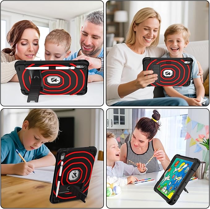 SIBEITU for iPad A16 Case 11th Generation 11 inch 2025 / iPad 10th Generation 10.9 Inch 2022, Rugged Shockproof Military Grade Protective Cover Built-in Kickstand & Pencil Holder (Black+Red)