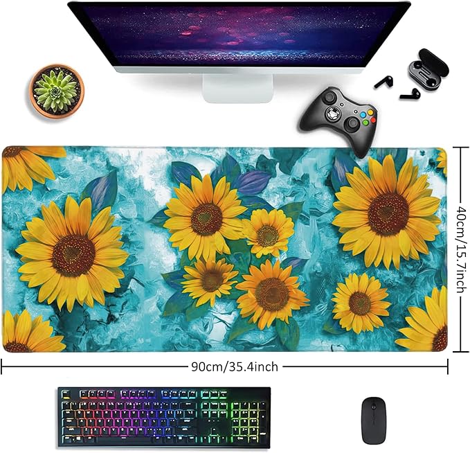 Modern Abstract Art Sunflowers Gaming Mouse Pad XXL Large Desk Mouse Pad Keyboard Mat with Stitched Edges Waterproof Non-Slip Desk Mat for Laptop,Keyboard,Computer 35.4 * 15.7 Inch
