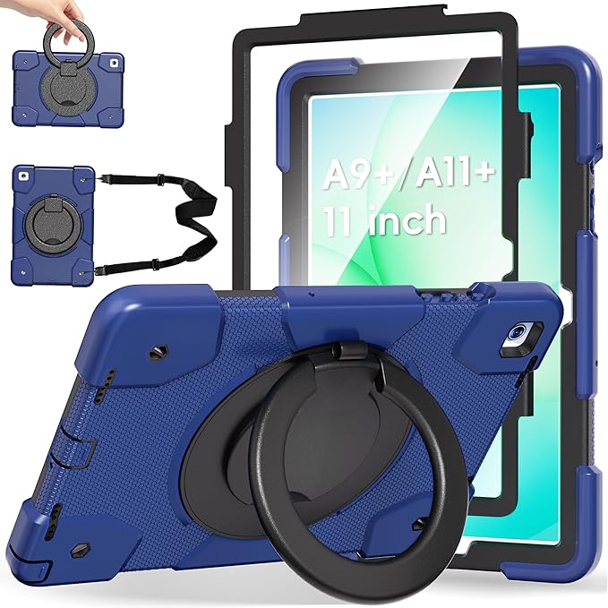 Andnary Case for Samsung Galaxy Tab A9+/A9 Plus Case 11 Inch with Screen Protector/360° Rotating Stand/Pen Holder/Shoulder Strap, Shockproof Cover for Tablet A9+ 5g (Navy+Black)