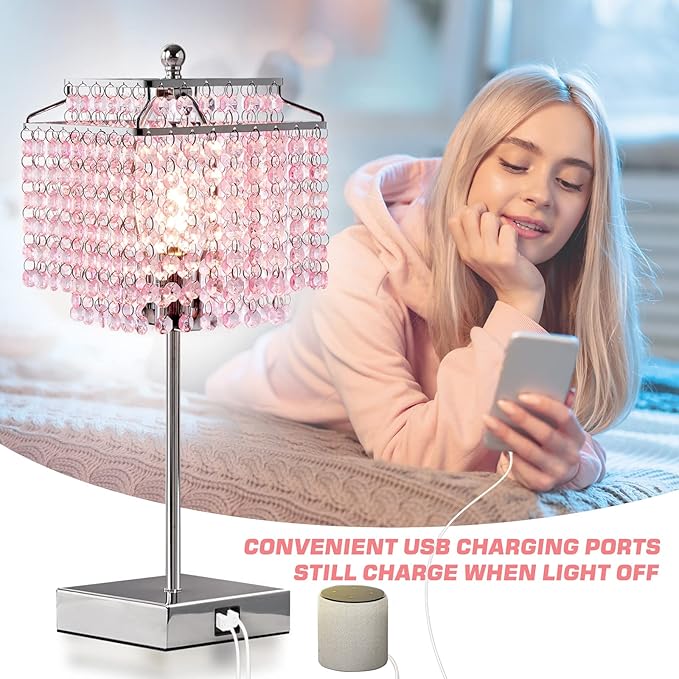 Luvkczc Crystal Touch Table Lamp, Bedside Lamp with USB C+A Ports, Pink Lamp, Dimmable Lamp with Crystal Shade, Nightstand Lamp for Girl Bedroom, Living Room, Bulb Included