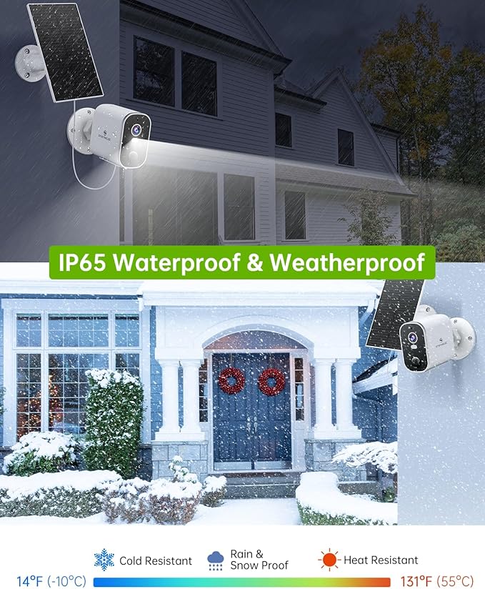 SYMYNELEC 2K Solar Security Cameras Wireless Outdoor 2-Pack, No Monthly Fee, Home Security System with Color Night Vision, Person Detection, Waterproof, Compatible with Alexa, 2.4GHz WiFi