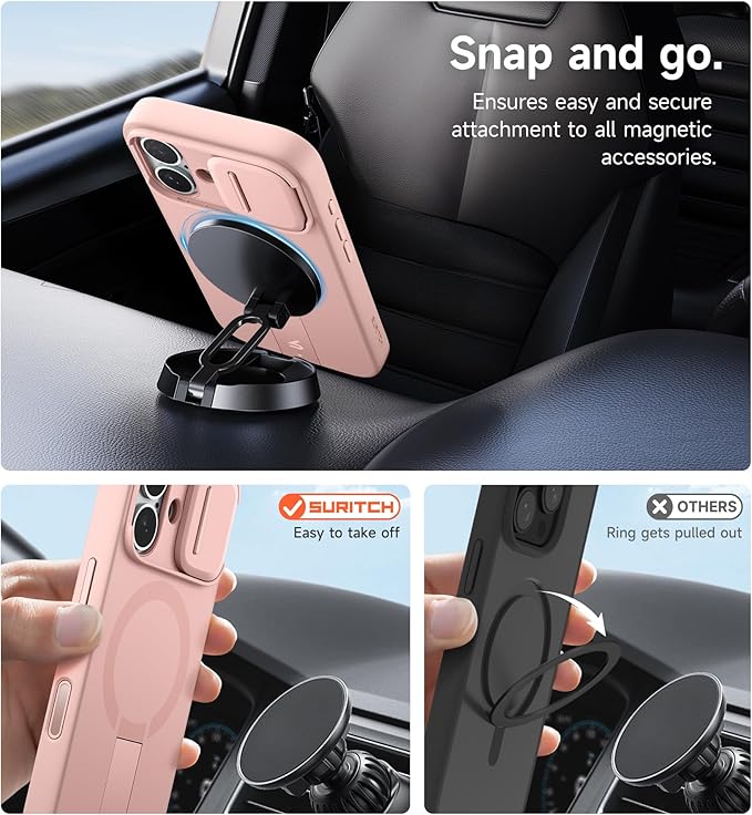 SURITCH for iPhone 17 Case with Camera Control Cover, Camera Slide Cover and Adjustable Kickstand, Compatible with MagSafe, Shockproof Bumper Protective Cases 6.3 Inch, Pink