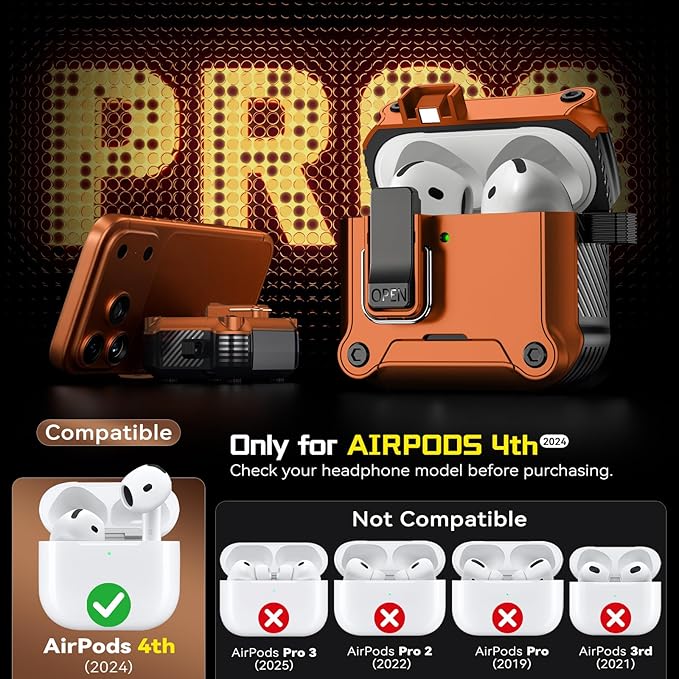 Inesore Compatible with AirPods 4 Generation Case,Secure Lock & Phone Stand Design,Compatible with MagSafe,Automatic Snap Switch Secure Cover for New AirPods 4th (2024)-Orange