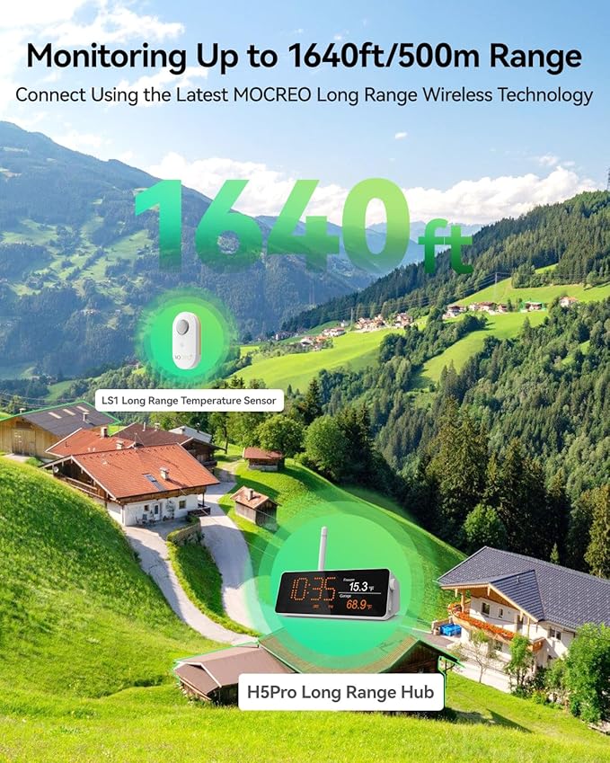 MOCREO WiFi Remote Refrigerator Thermometer, 1/3 Mile Long Range Freezer Alarm, IP66 Waterproof, App Email Alert, with Digital Monitor Hub, 1 Smart Wireless Temperature Sensor for Kitchen, Fridge, RV