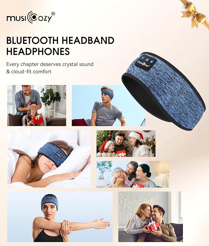 MUSICOZY Sleep Headphones Bluetooth 5.4 Headband, Wireless Earphones Music Sleep Earbuds Sleeping Eye Mask with HD Stereo Speakers for Workout Running Travel Yoga, Ideal Gifts (Blue)
