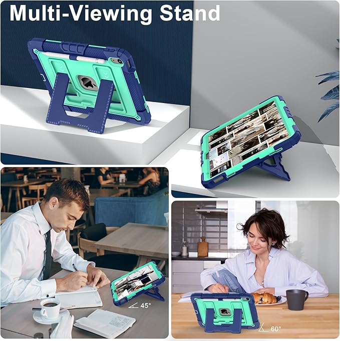 Kids Friendly Case for iPad A16 11th Generation 11 Inch 2025 / iPad 10th Generation 10.9" 2022 Case with Pencil Holder & Shoulder Strap, Hybrid iPad 11 10 Cover Rugged Shockproof Kickstand,Blue+Mint
